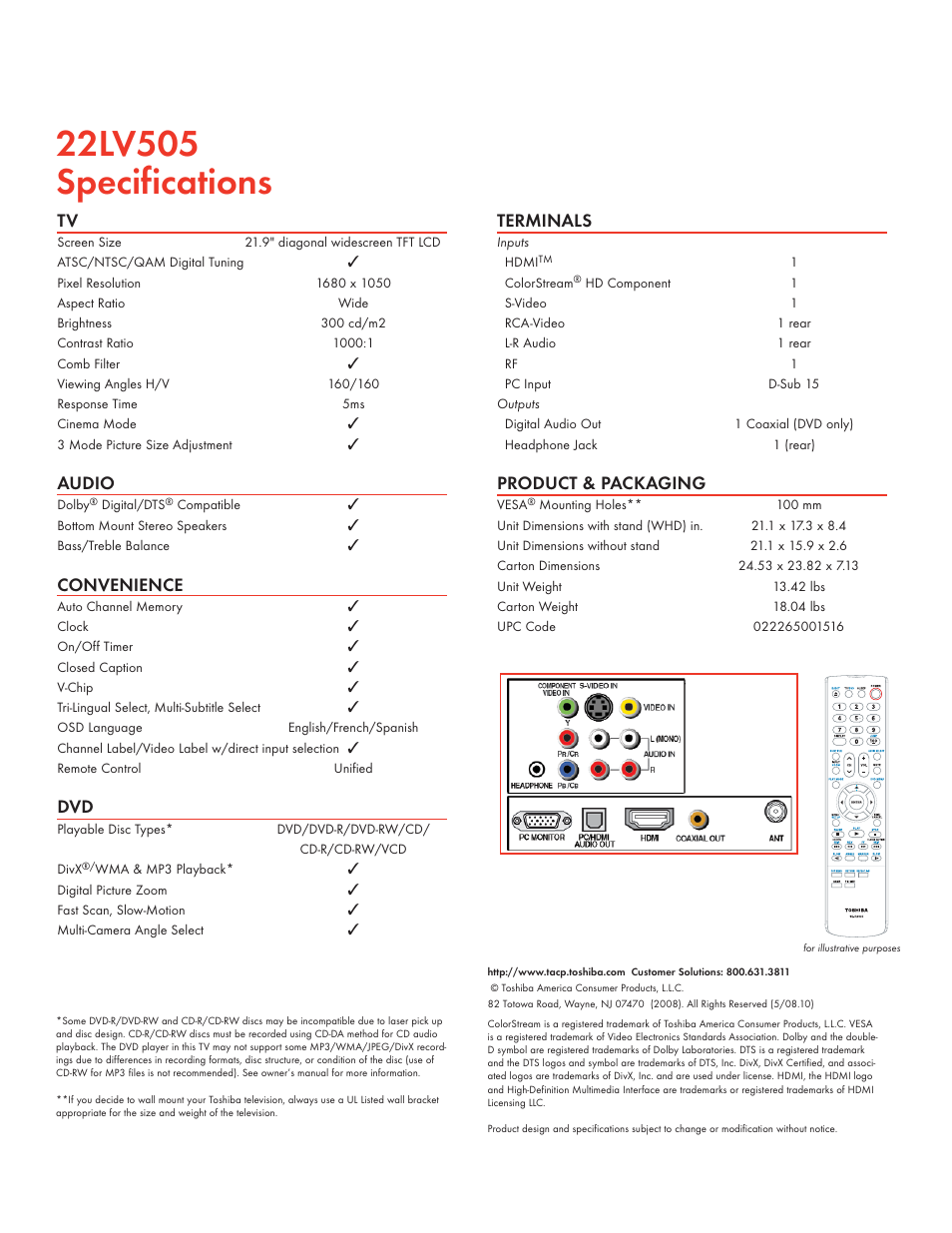 Audio, Convenience, Terminals | Product & packaging | Toshiba 22LV505 User Manual | Page 2 / 2