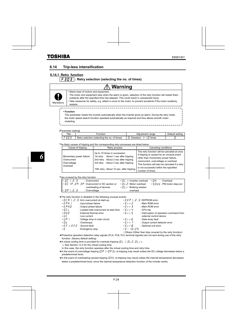 14 trip-less intensification, Warning | Toshiba Tosvert VF-AS1 User Manual | Page 136 / 312