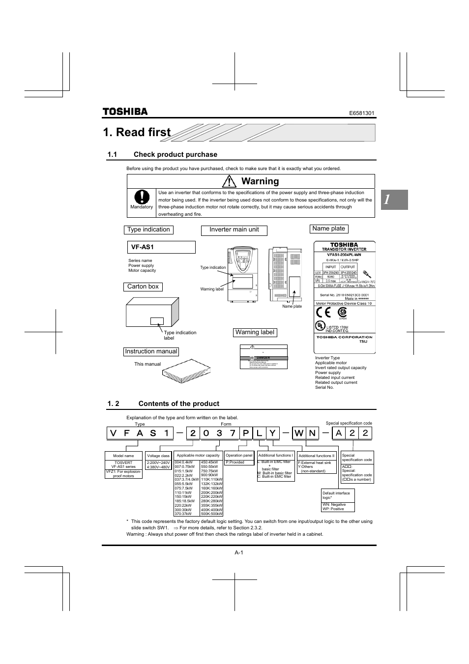 Read first, 1 check product purchase, 2 contents of the product | Warning, Instruction manual | Toshiba Tosvert VF-AS1 User Manual | Page 17 / 312