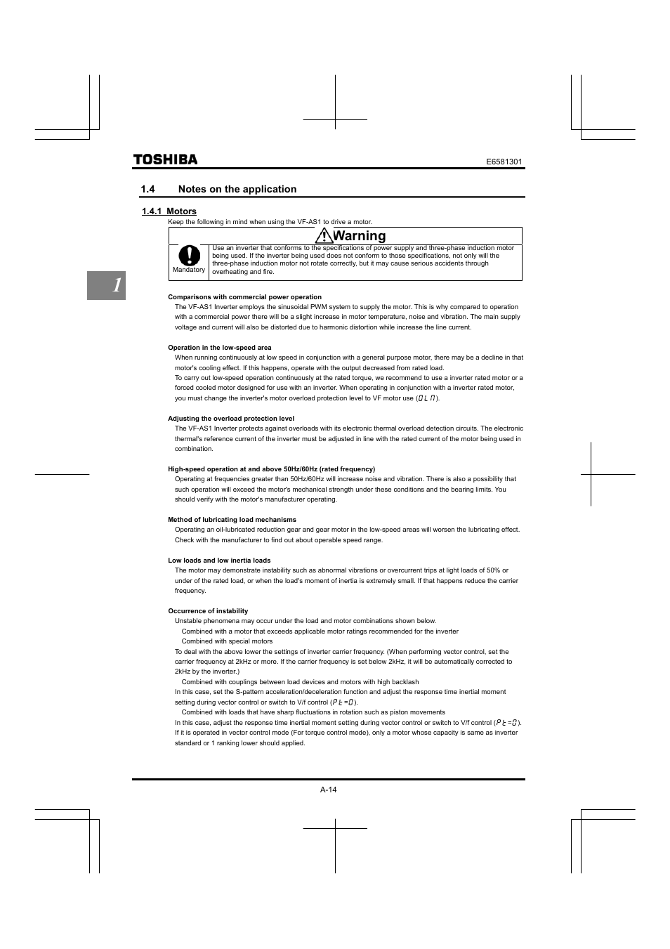 4 notes on the application, Warning | Toshiba Tosvert VF-AS1 User Manual | Page 30 / 312