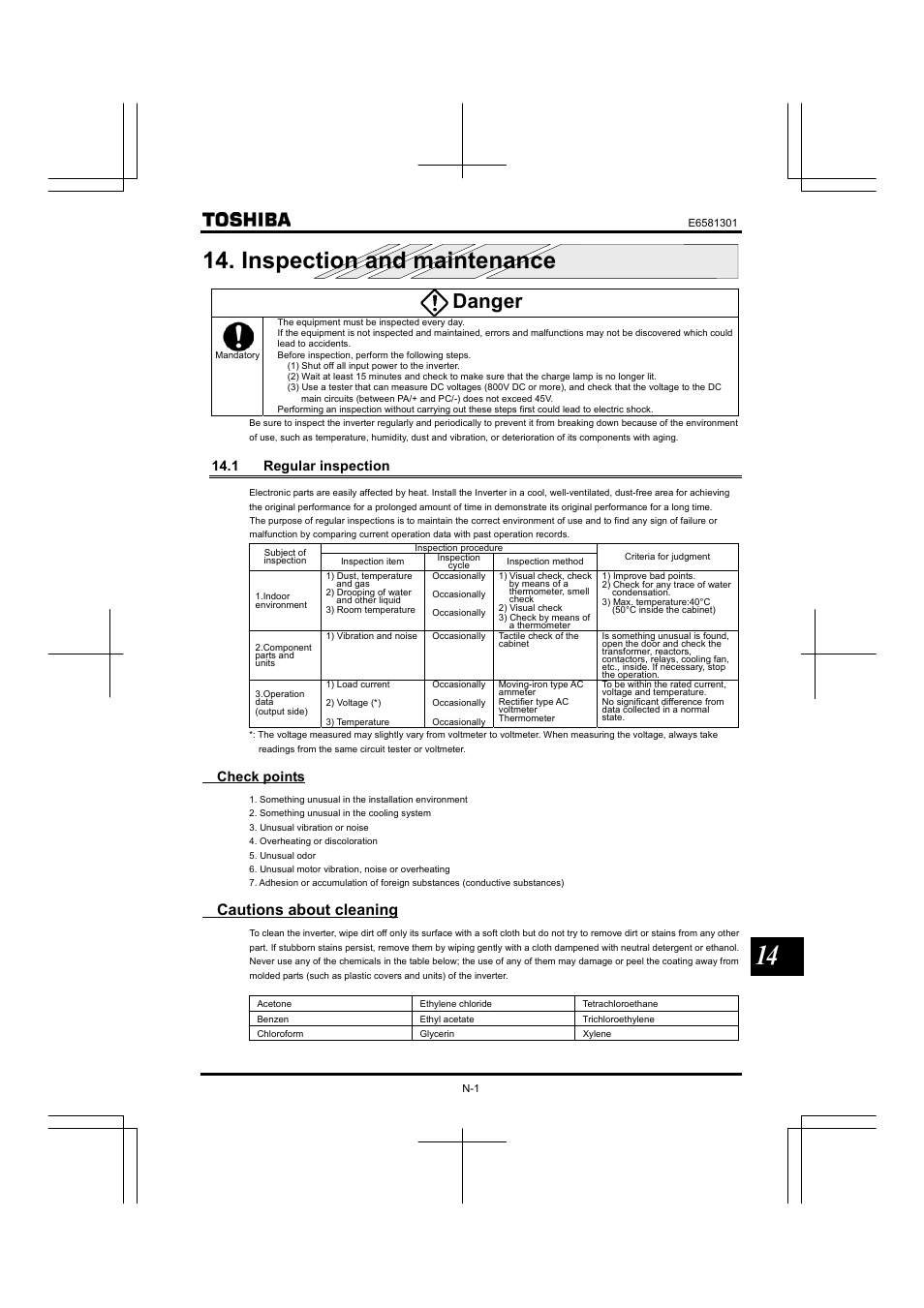 Inspection and maintenance, 1 regular inspection, Danger | Cautions about cleaning, Check points | Toshiba Tosvert VF-AS1 User Manual | Page 303 / 312