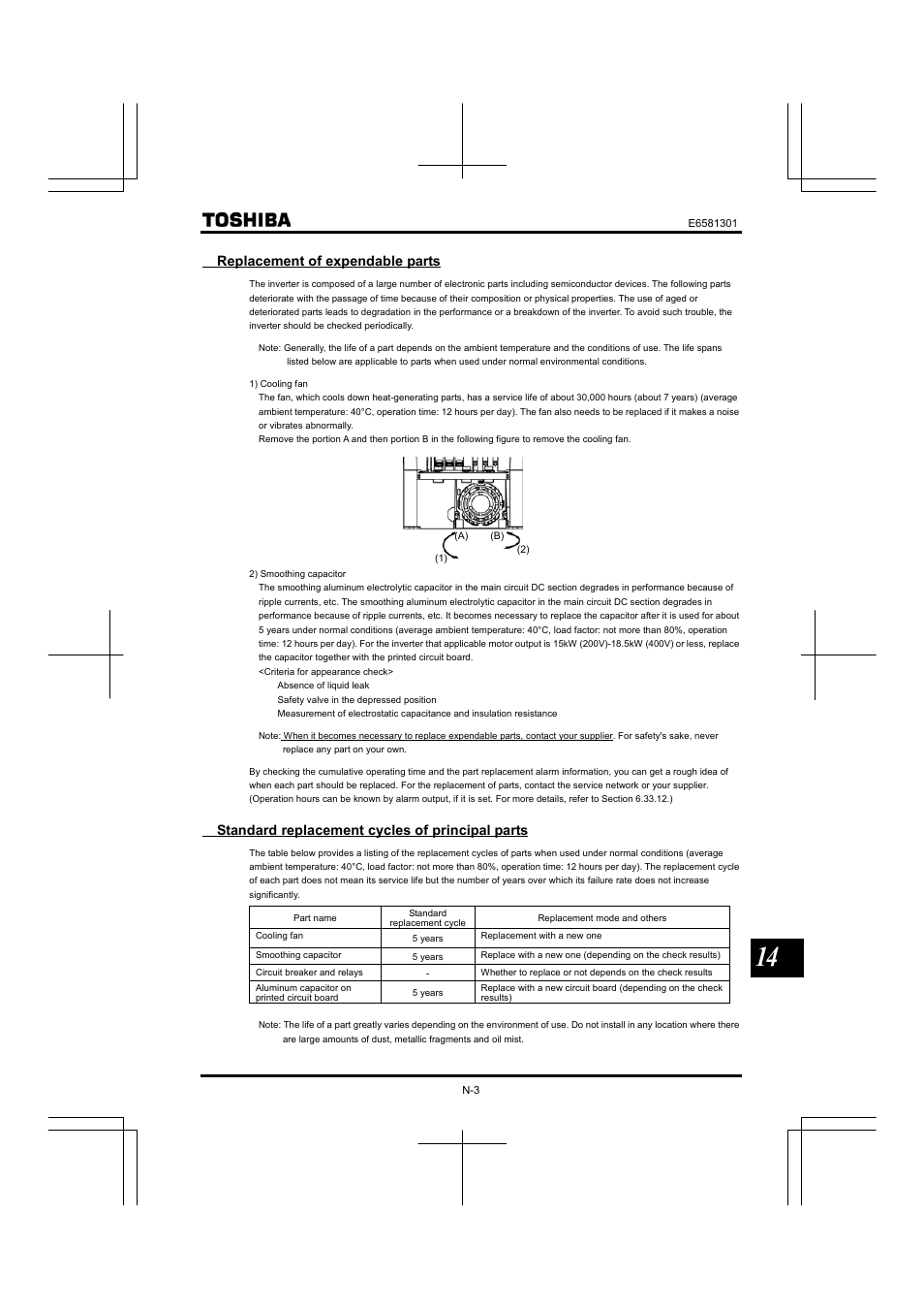 Replacement of expendable parts, Standard replacement cycles of principal parts | Toshiba Tosvert VF-AS1 User Manual | Page 305 / 312