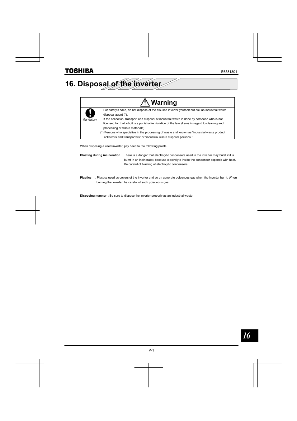 Disposal of the inverter, Warning | Toshiba Tosvert VF-AS1 User Manual | Page 309 / 312