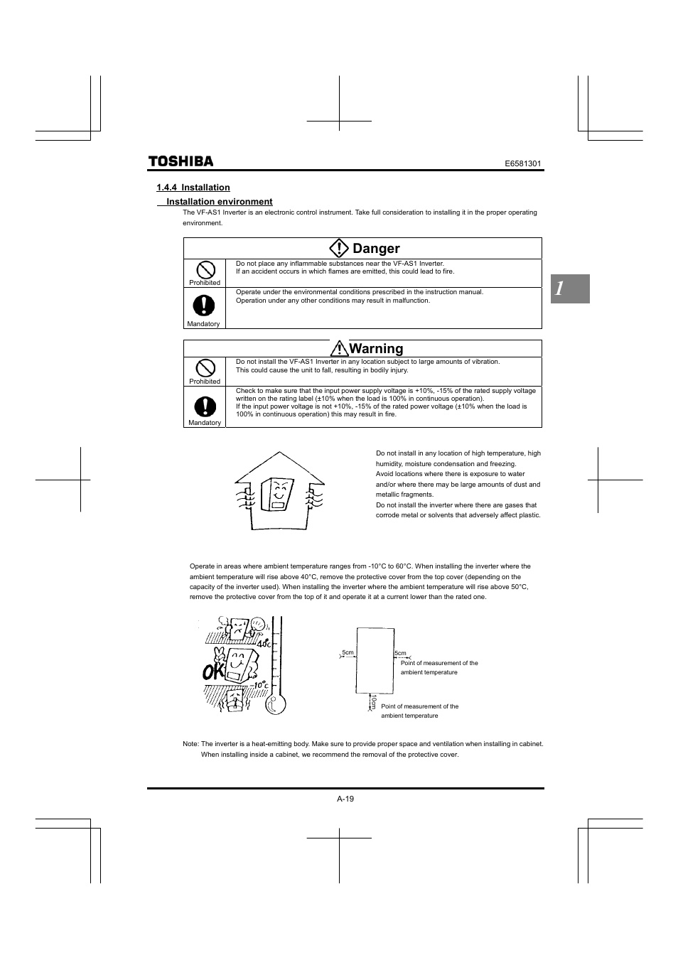 Danger, Warning, Measuring position | Toshiba Tosvert VF-AS1 User Manual | Page 35 / 312