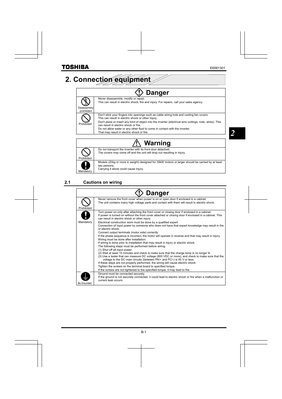 Connection equipment, 1 cautions on wiring, Danger | Warning | Toshiba Tosvert VF-AS1 User Manual | Page 41 / 312