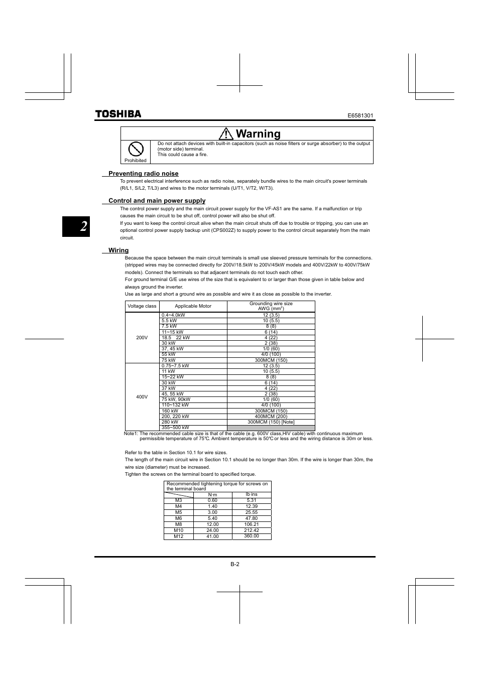 Warning | Toshiba Tosvert VF-AS1 User Manual | Page 42 / 312