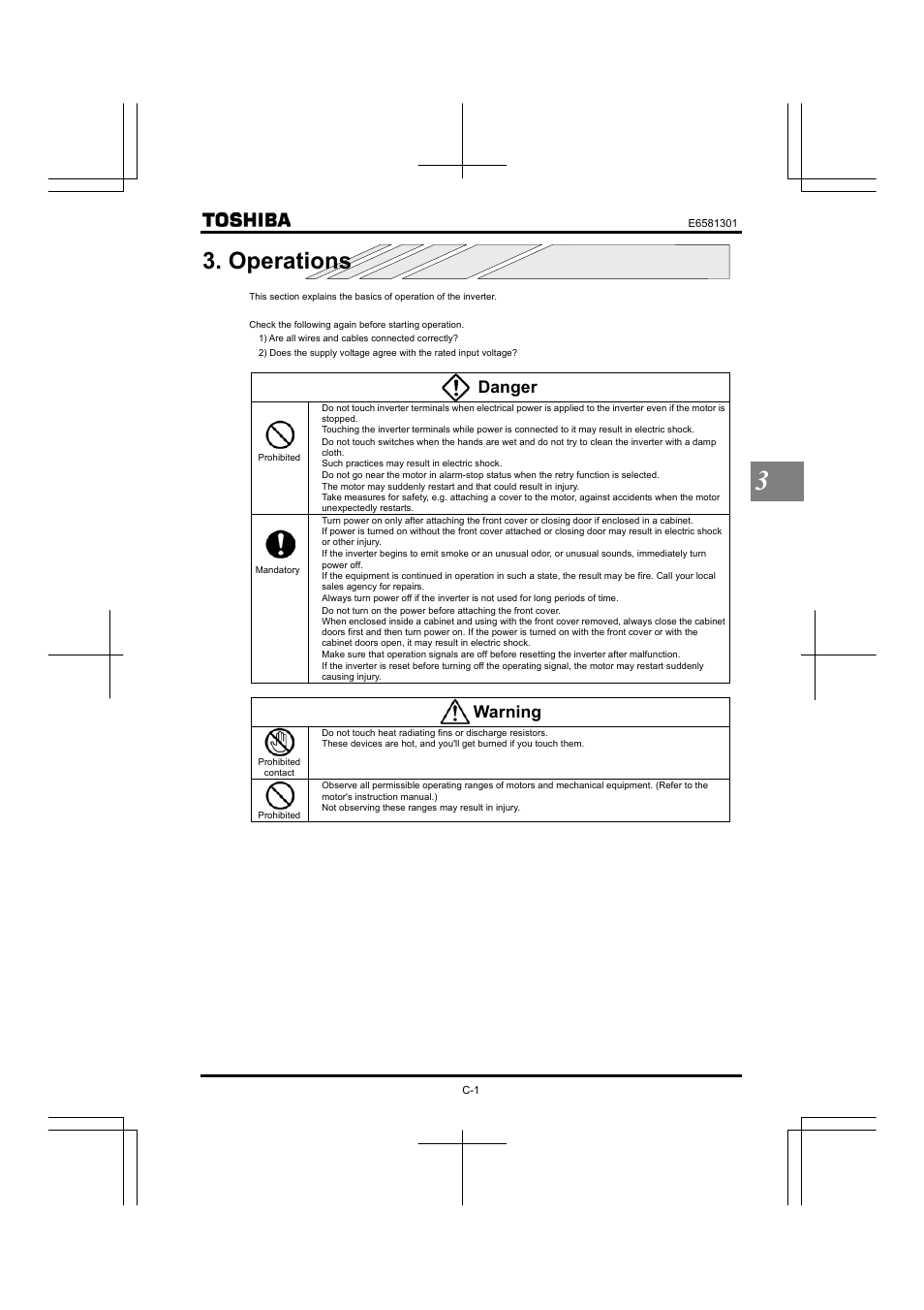 Operations, Danger, Warning | Toshiba Tosvert VF-AS1 User Manual | Page 55 / 312