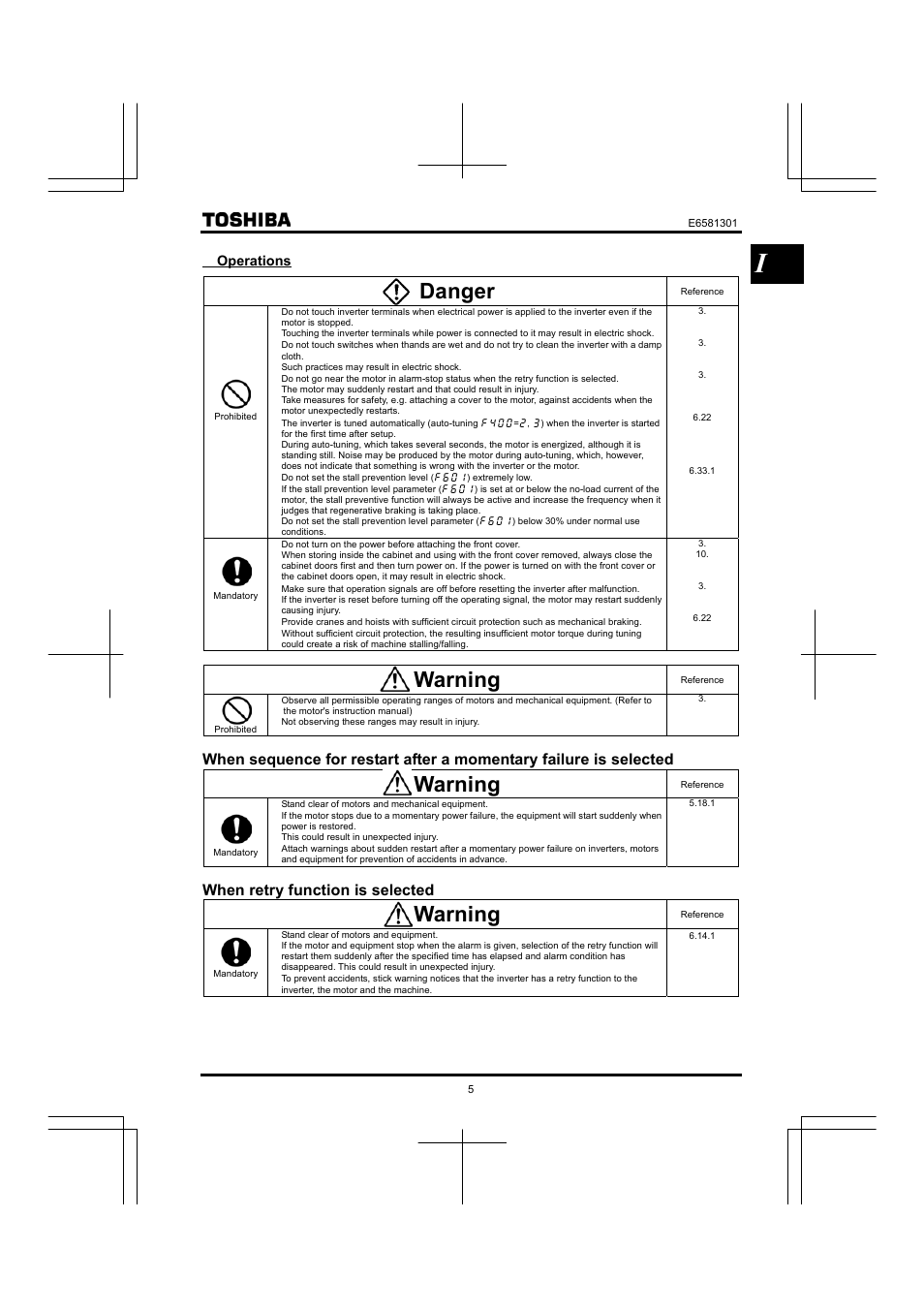 Danger, Warning, When retry function is selected | Toshiba Tosvert VF-AS1 User Manual | Page 7 / 312
