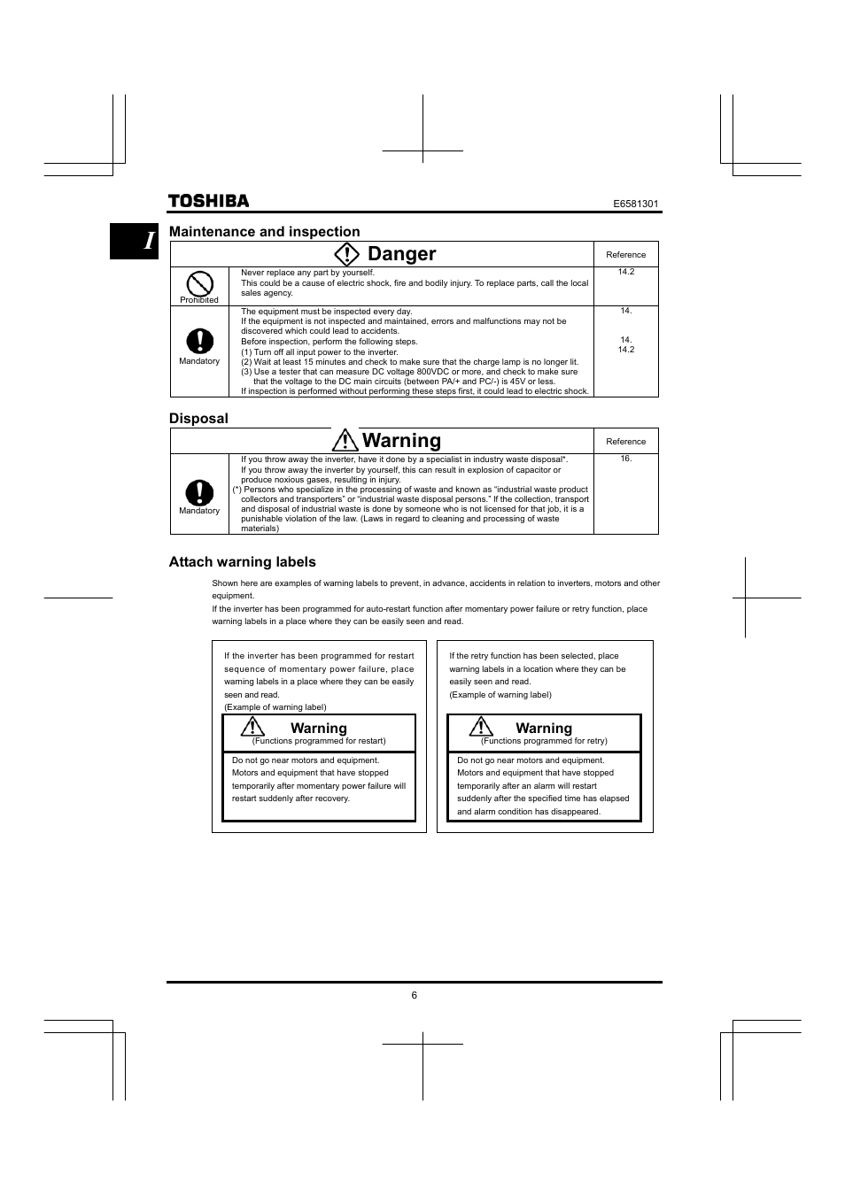 Danger, Warning, Maintenance and inspection | Disposal, Attach warning labels | Toshiba Tosvert VF-AS1 User Manual | Page 8 / 312