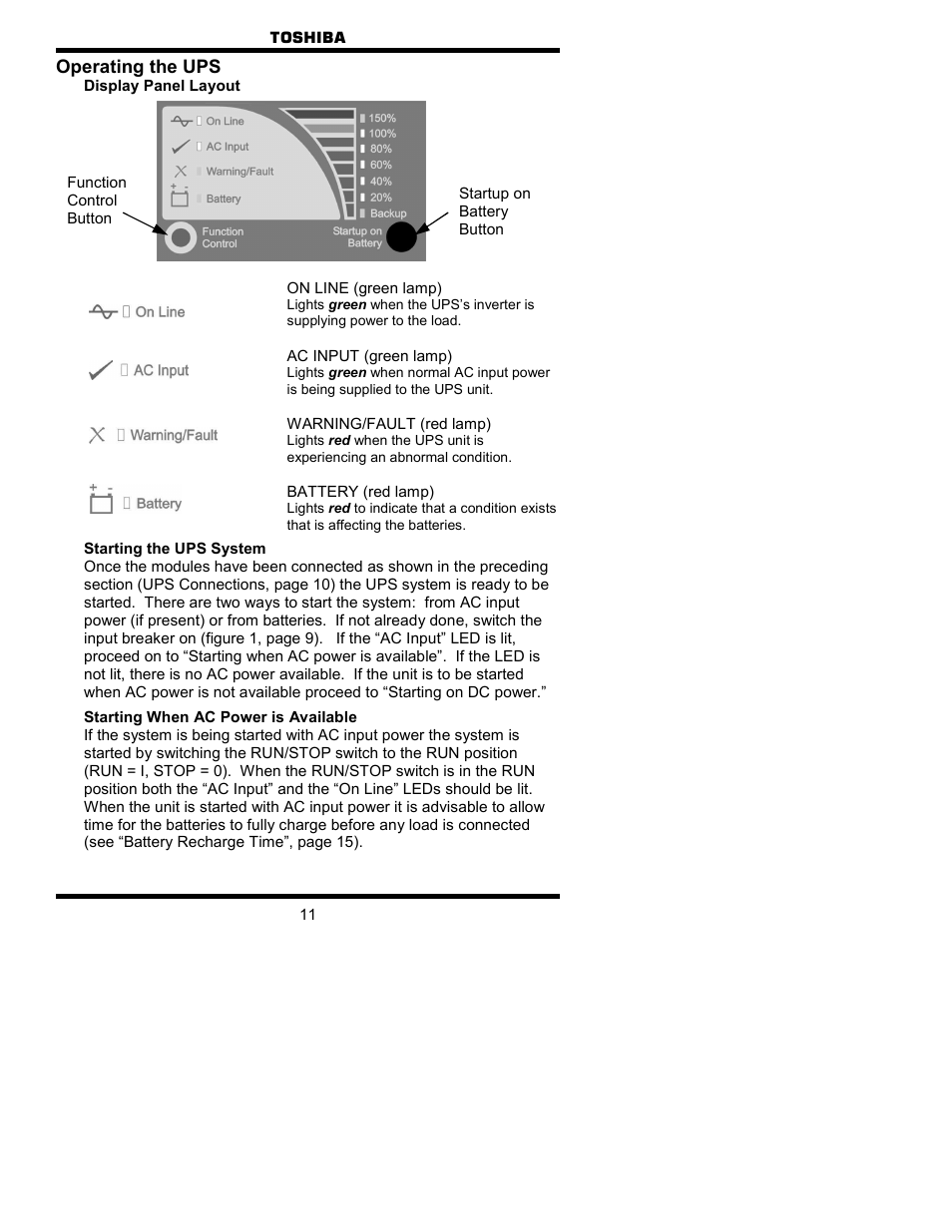 Operating the ups | Toshiba 1700 User Manual | Page 11 / 41