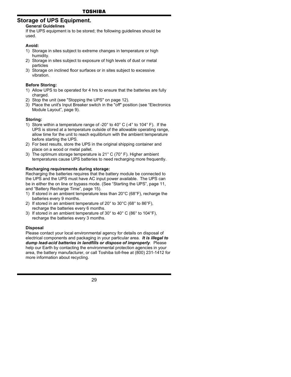 Storage of ups equipment | Toshiba 1700 User Manual | Page 29 / 41