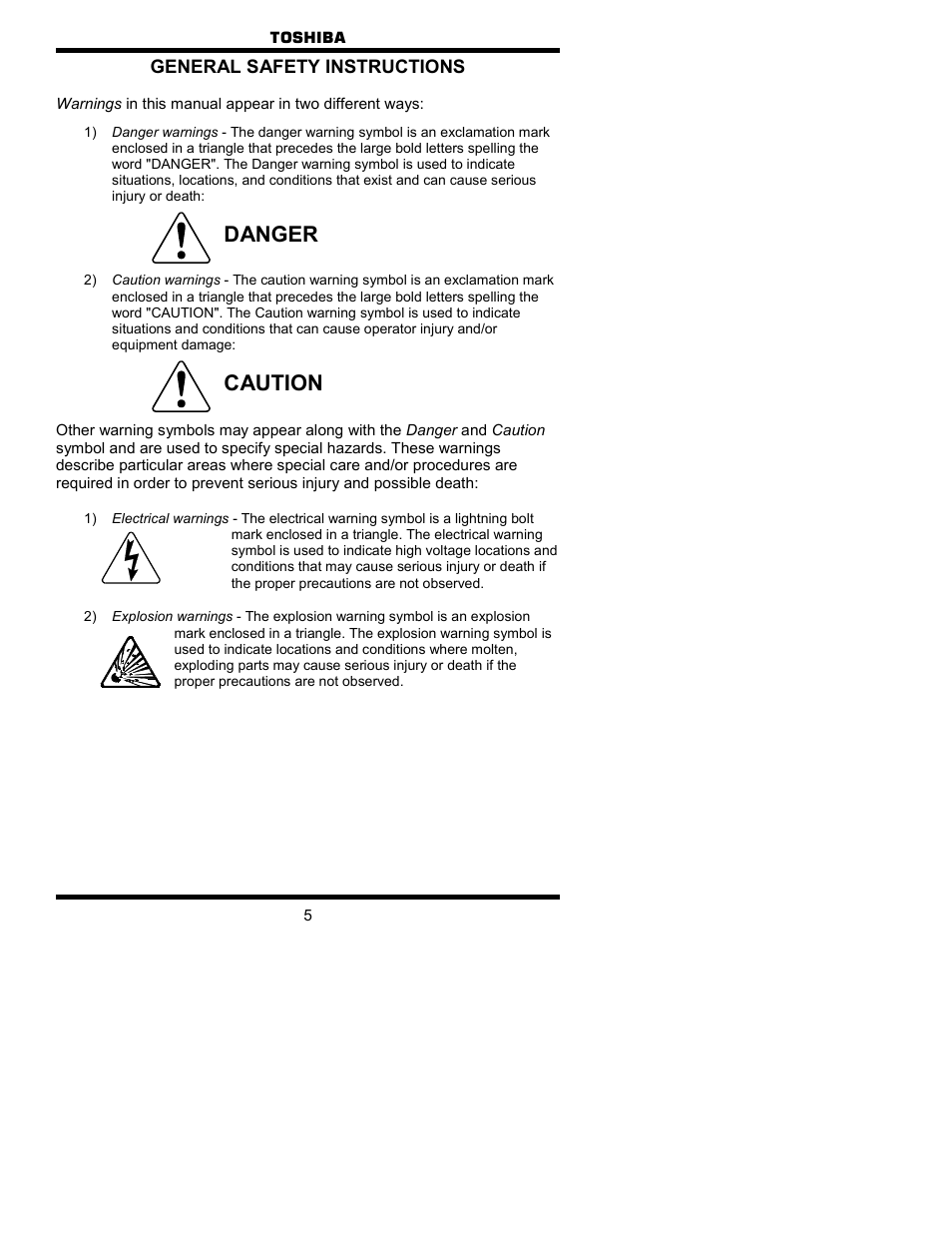 Danger, Caution | Toshiba 1700 User Manual | Page 5 / 41