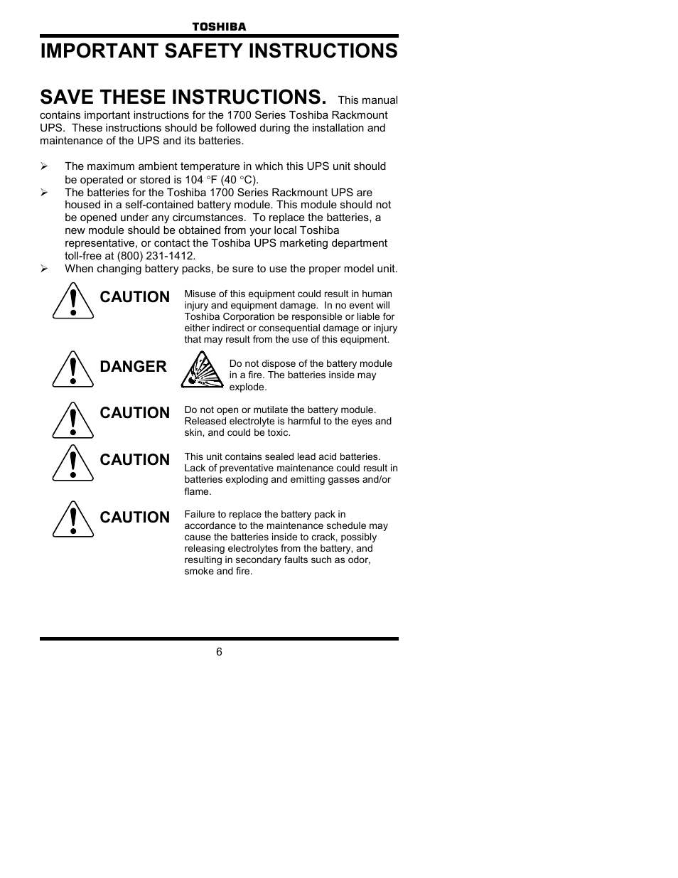 Caution, Danger | Toshiba 1700 User Manual | Page 6 / 41