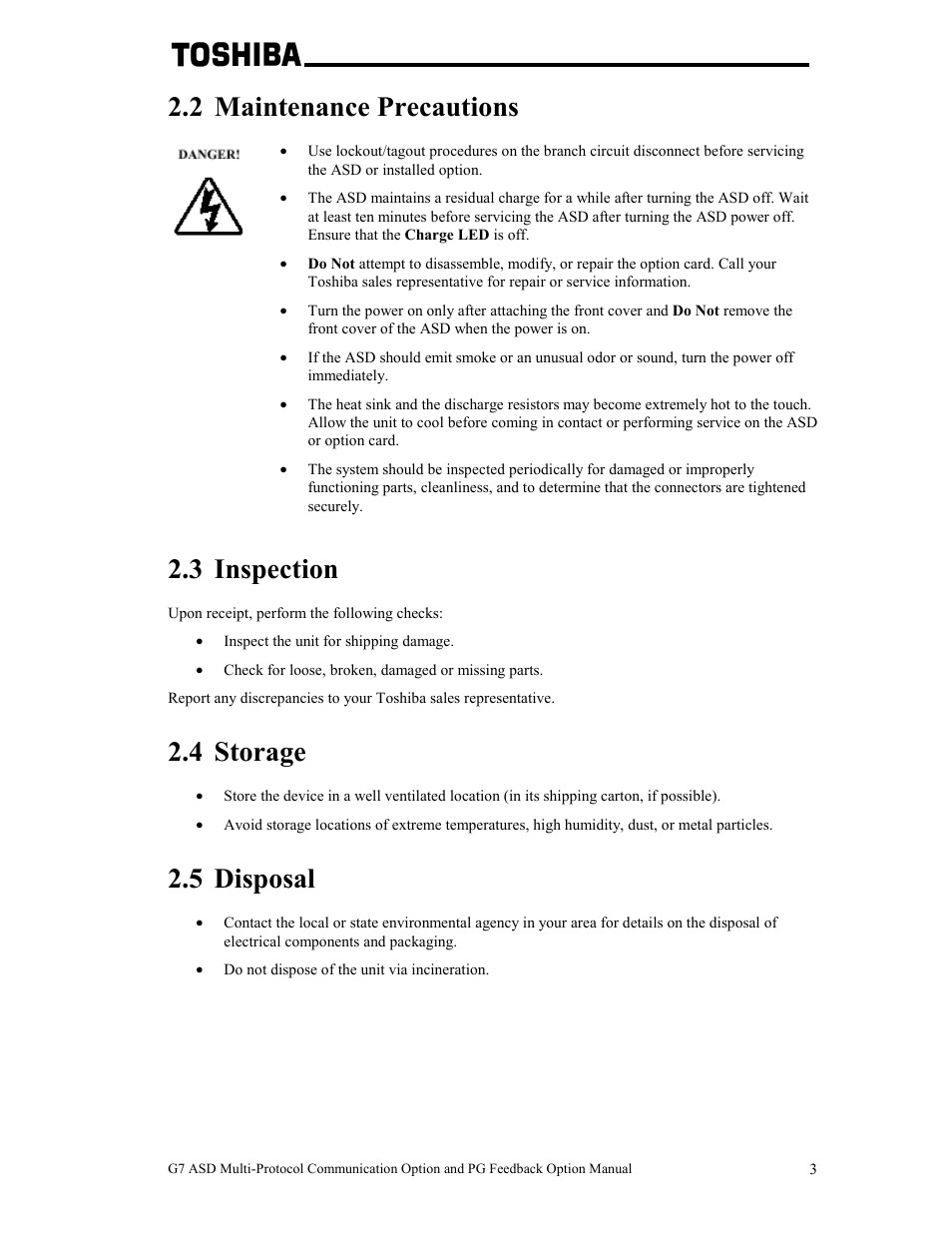 2 maintenance precautions, 3 inspection, 4 storage | 5 disposal | Toshiba G7 User Manual | Page 10 / 84
