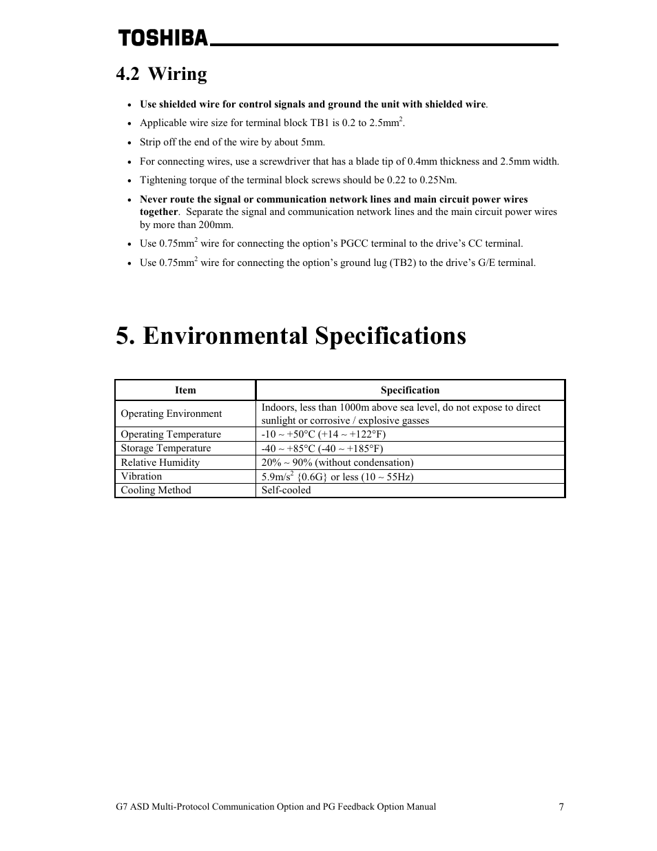 Environmental specifications, 2 wiring | Toshiba G7 User Manual | Page 14 / 84