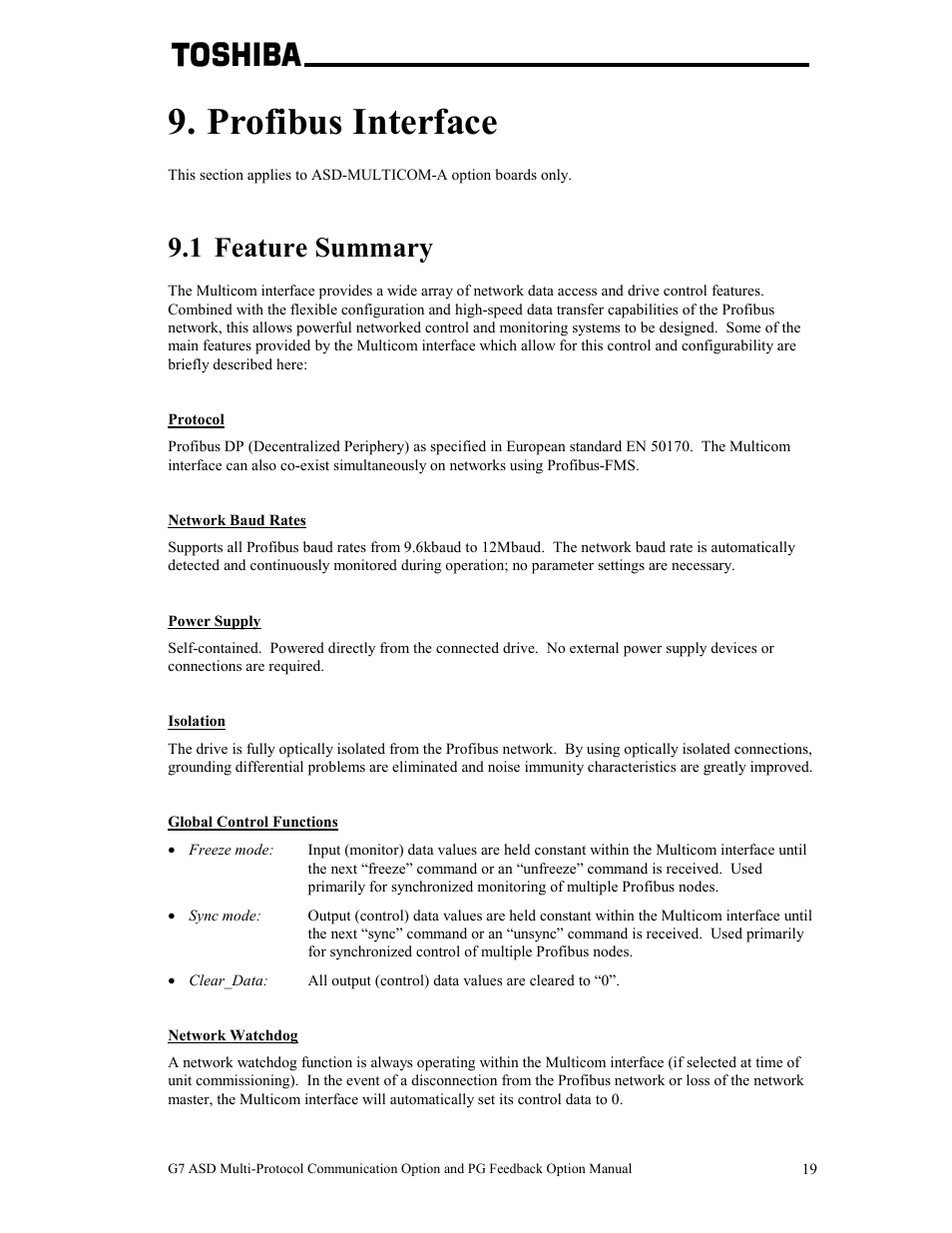 Profibus interface, 1 feature summary | Toshiba G7 User Manual | Page 26 / 84