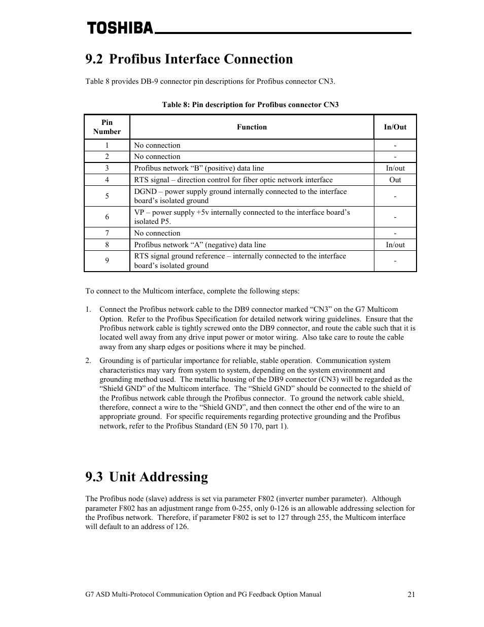 2 profibus interface connection, 3 unit addressing | Toshiba G7 User Manual | Page 28 / 84