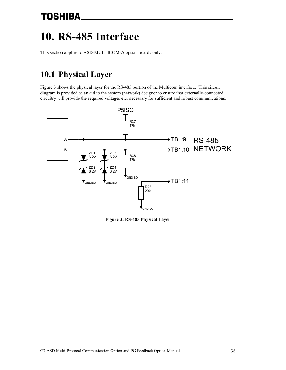 Rs-485 interface, 1 physical layer, Rs-485 network | Tb1:9 | Toshiba G7 User Manual | Page 43 / 84