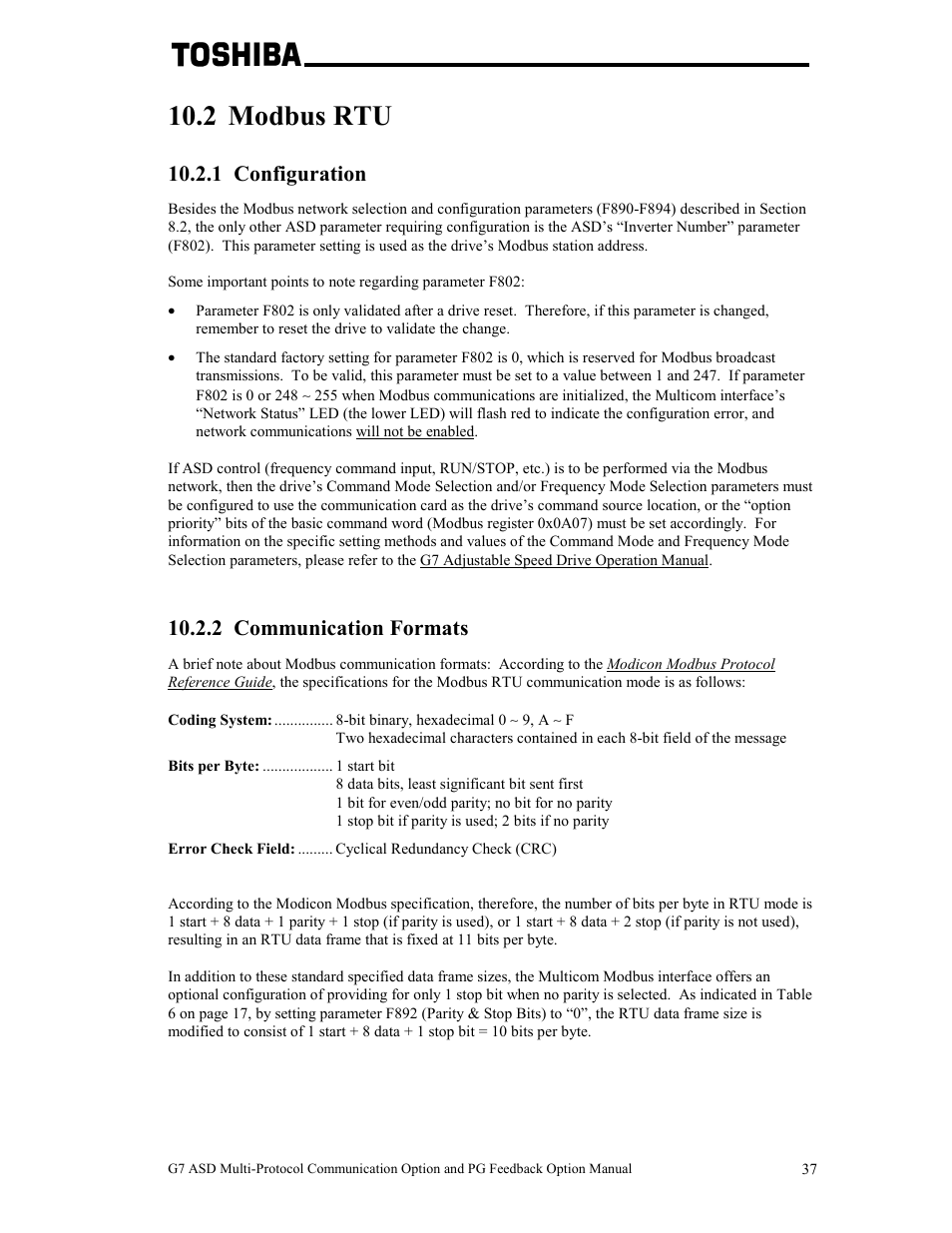 2 modbus rtu, 1 configuration, 2 communication formats | Toshiba G7 User Manual | Page 44 / 84