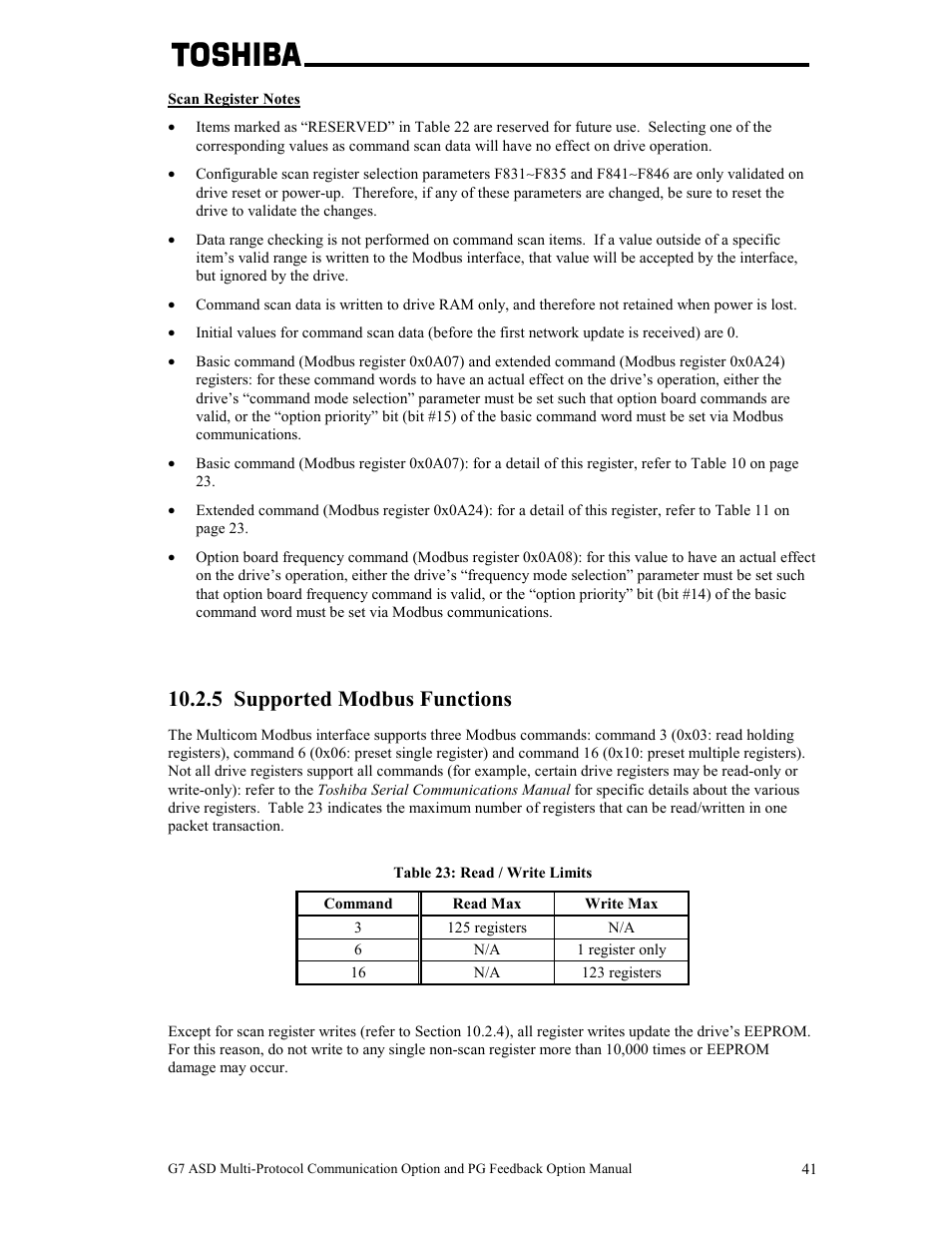 5 supported modbus functions | Toshiba G7 User Manual | Page 48 / 84