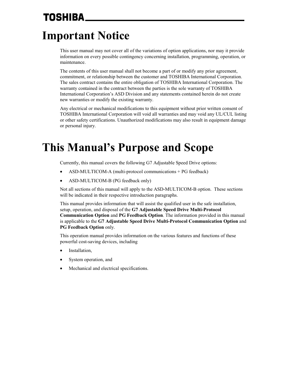 Important notice, This manual’s purpose and scope | Toshiba G7 User Manual | Page 5 / 84