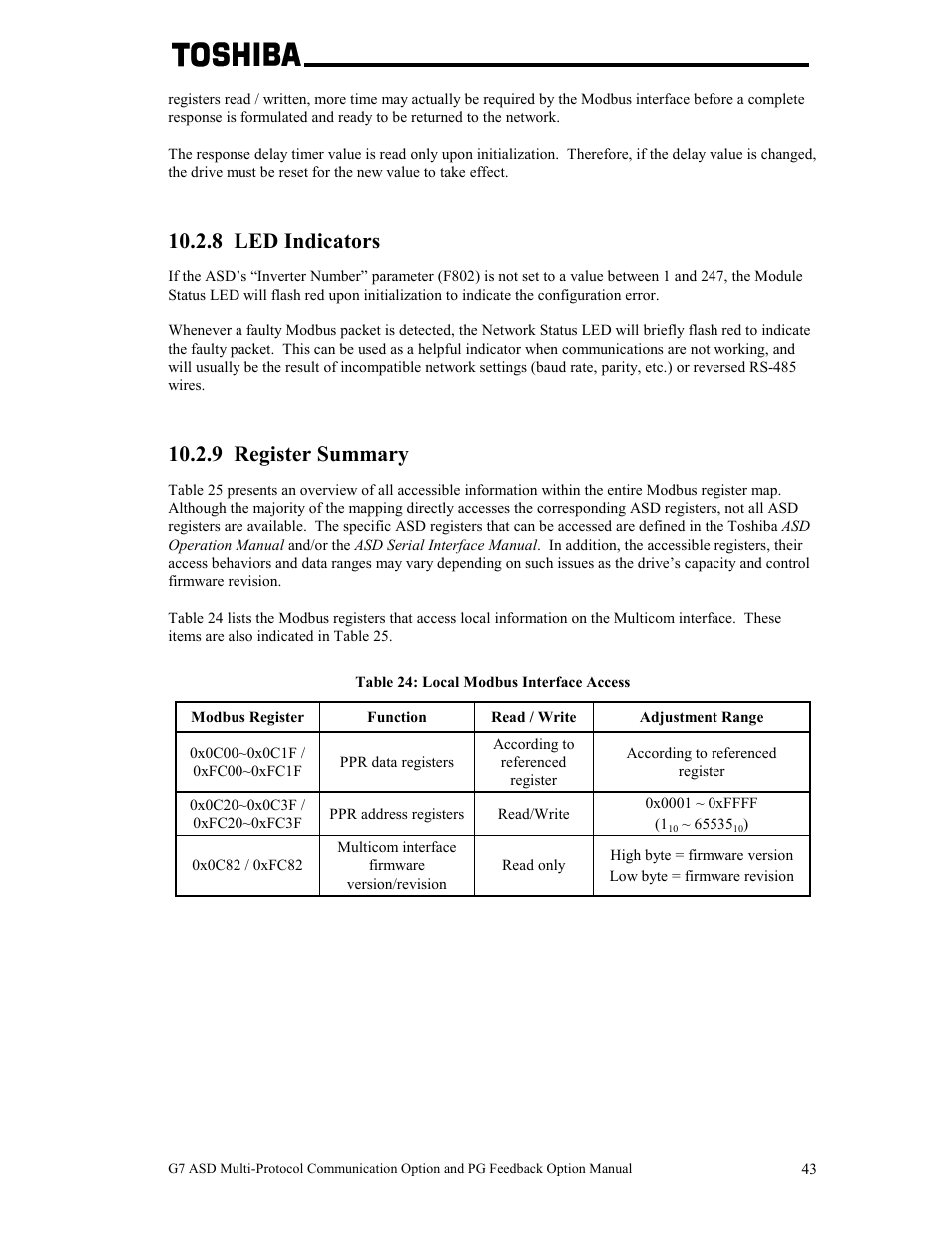 8 led indicators, 9 register summary | Toshiba G7 User Manual | Page 50 / 84