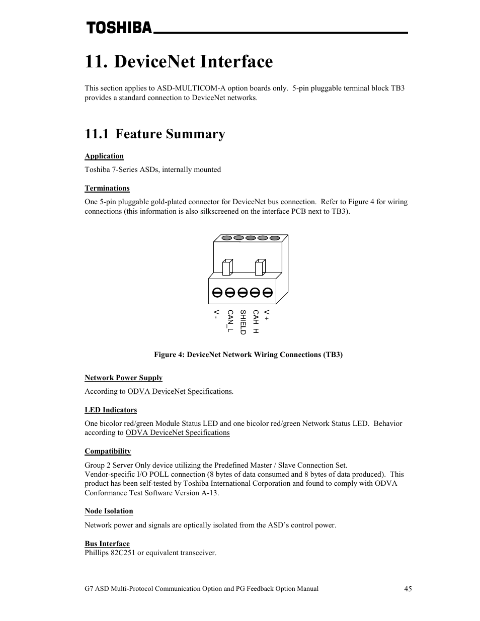 Devicenet interface, 1 feature summary | Toshiba G7 User Manual | Page 52 / 84