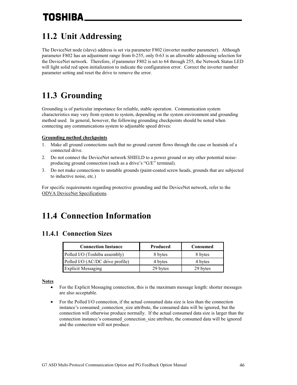 2 unit addressing, 3 grounding, 4 connection information | 1 connection sizes | Toshiba G7 User Manual | Page 53 / 84