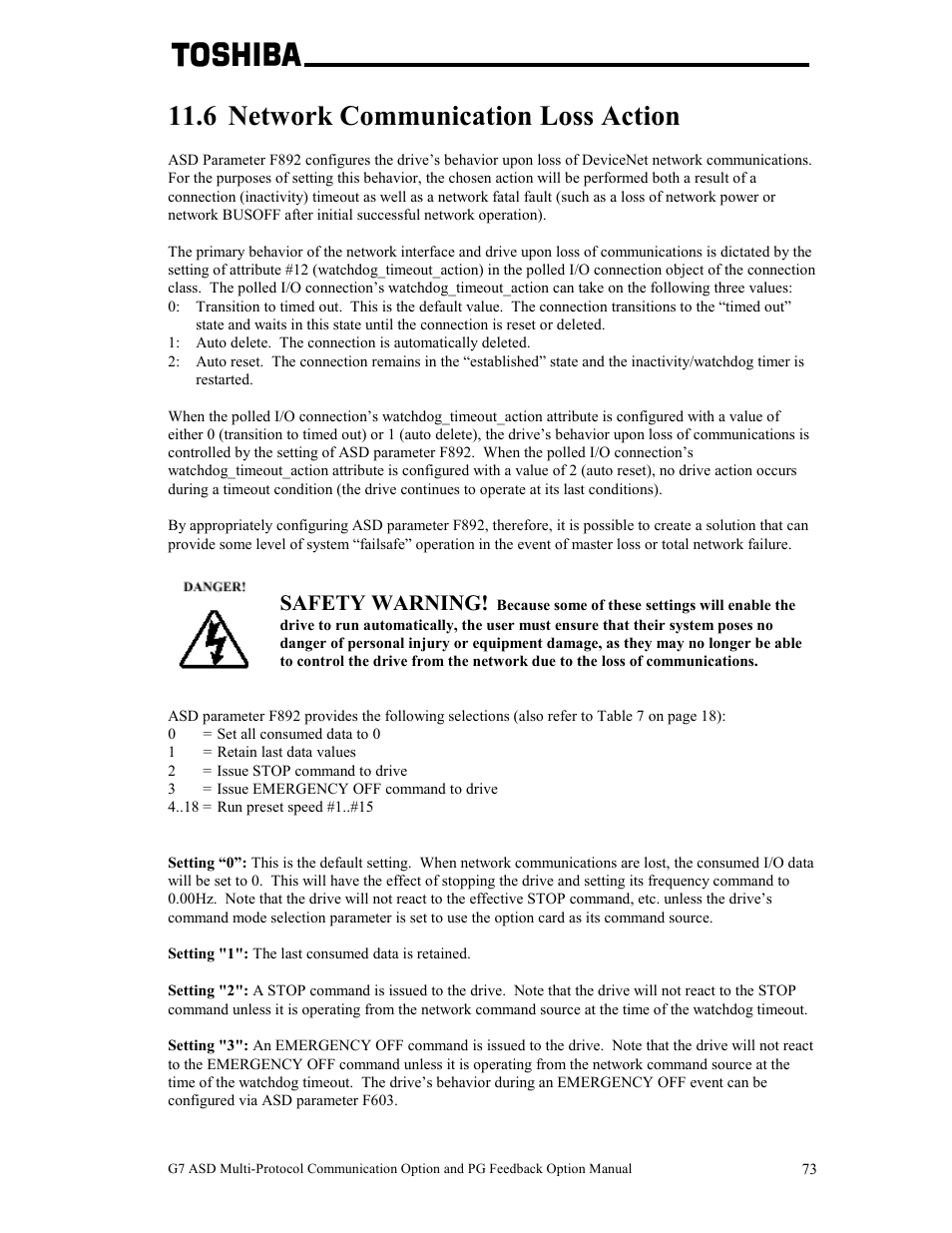 6 network communication loss action, Safety warning | Toshiba G7 User Manual | Page 80 / 84