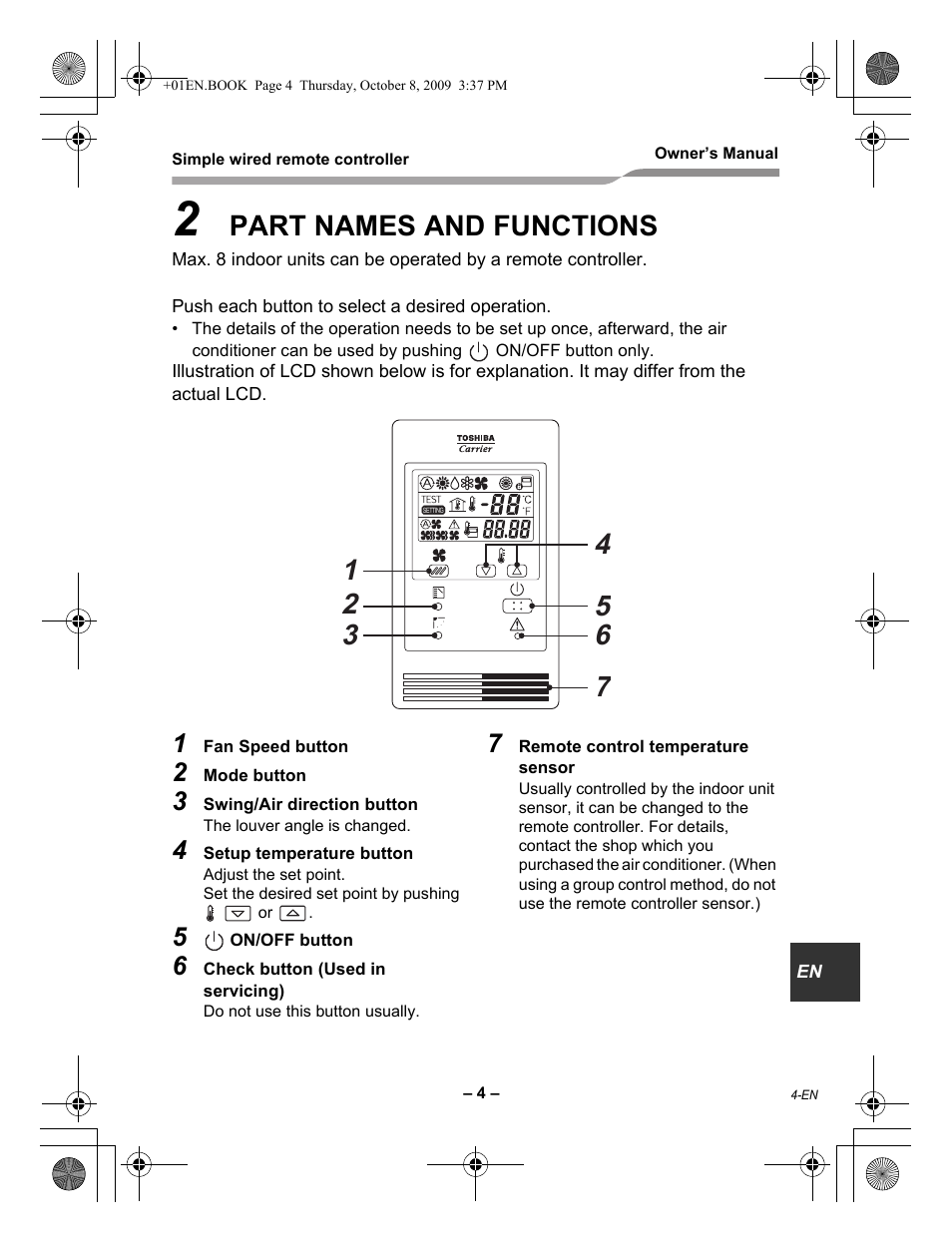 Part names and functions | Toshiba RBC-AS21UL User Manual | Page 5 / 10