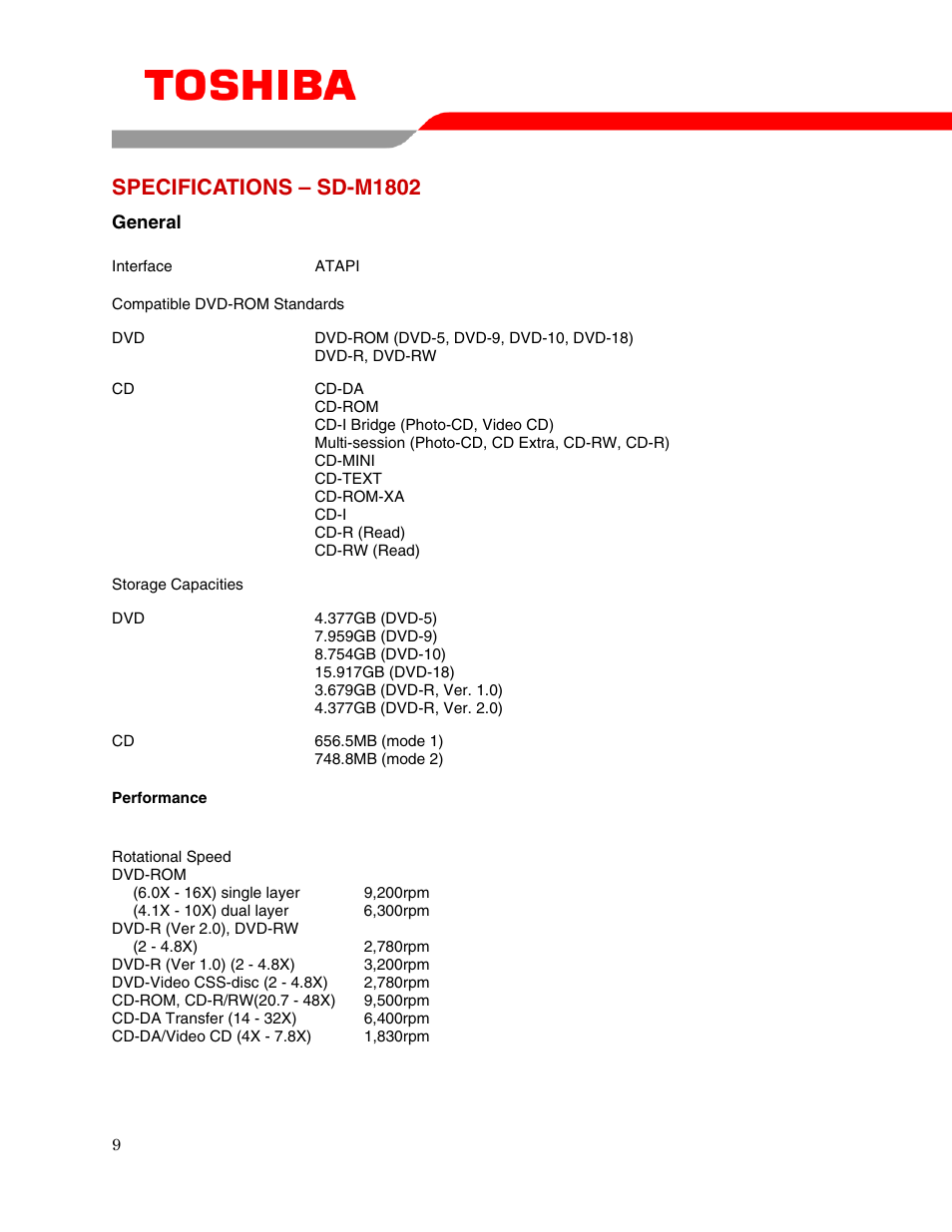 Specifications – sd-m1802 | Toshiba SD-M1802 User Manual | Page 11 / 16
