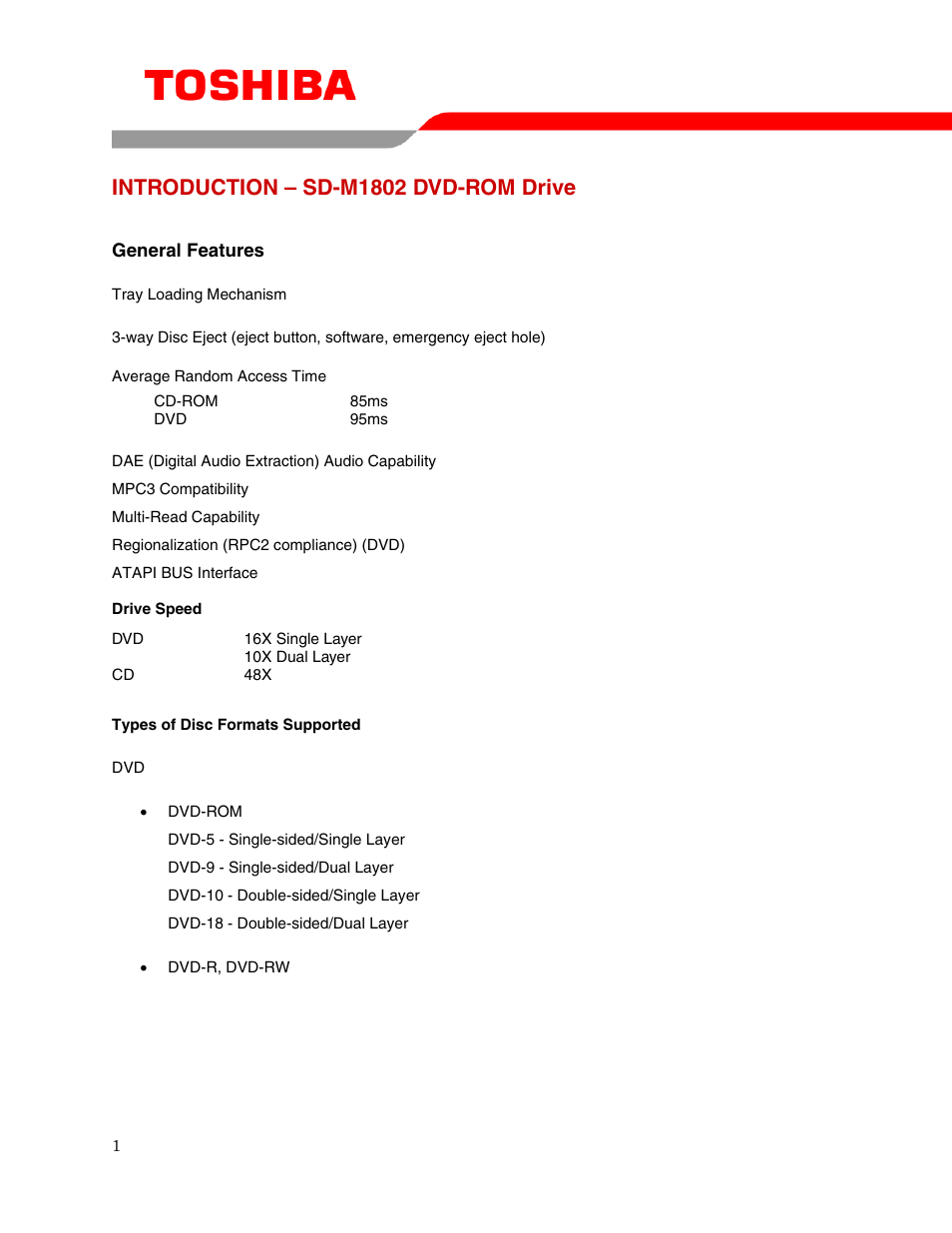 Introduction – sd-m1802 dvd-rom drive | Toshiba SD-M1802 User Manual | Page 3 / 16