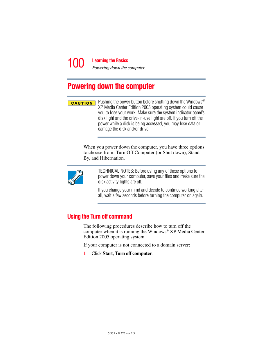 Powering down the computer, Using the turn off command, Powering down the computer” on | Toshiba F25Series User Manual | Page 100 / 345