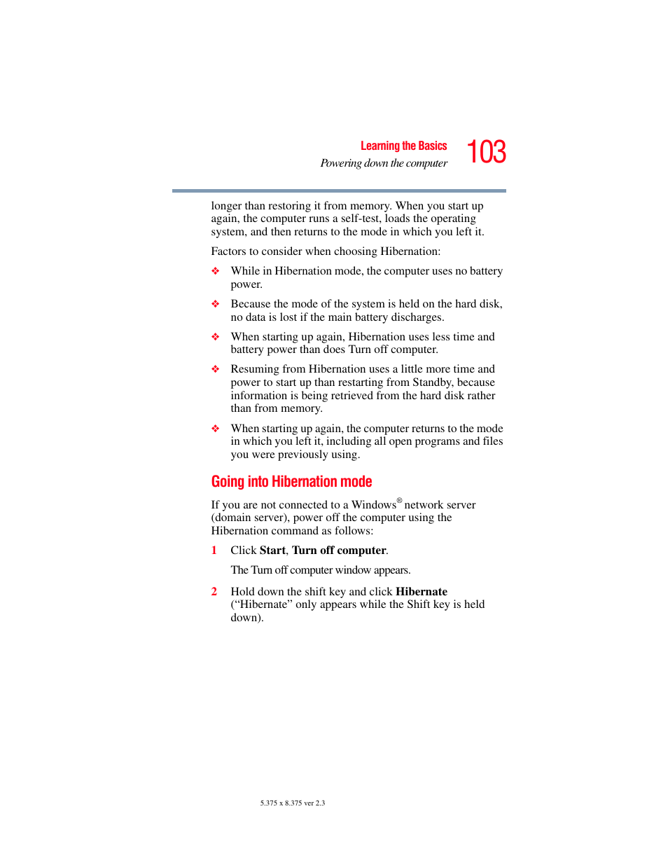 Going into hibernation mode | Toshiba F25Series User Manual | Page 103 / 345