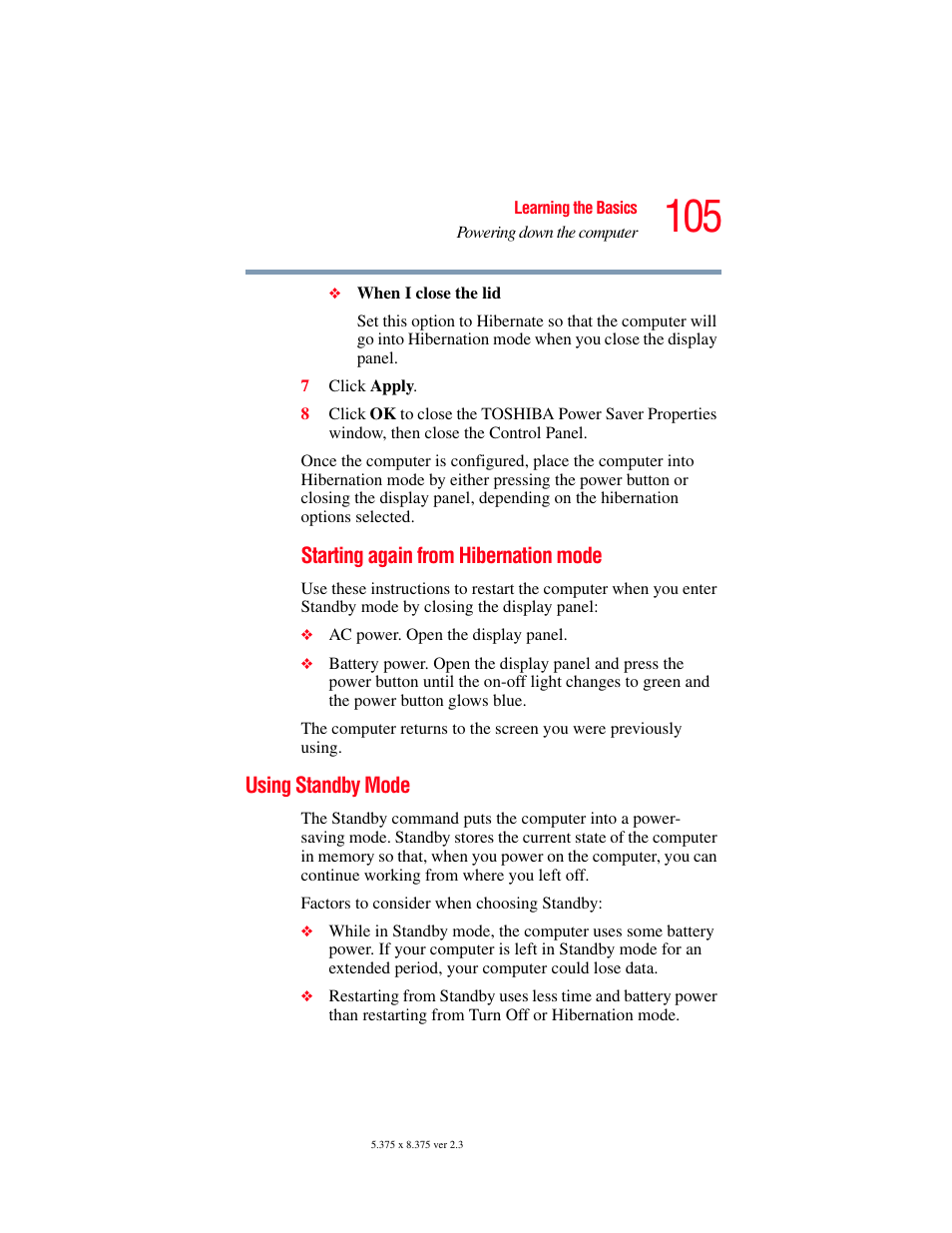 Using standby mode | Toshiba F25Series User Manual | Page 105 / 345