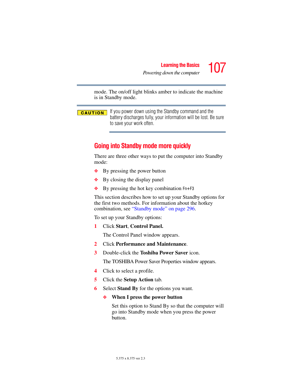 Going into standby mode more quickly | Toshiba F25Series User Manual | Page 107 / 345