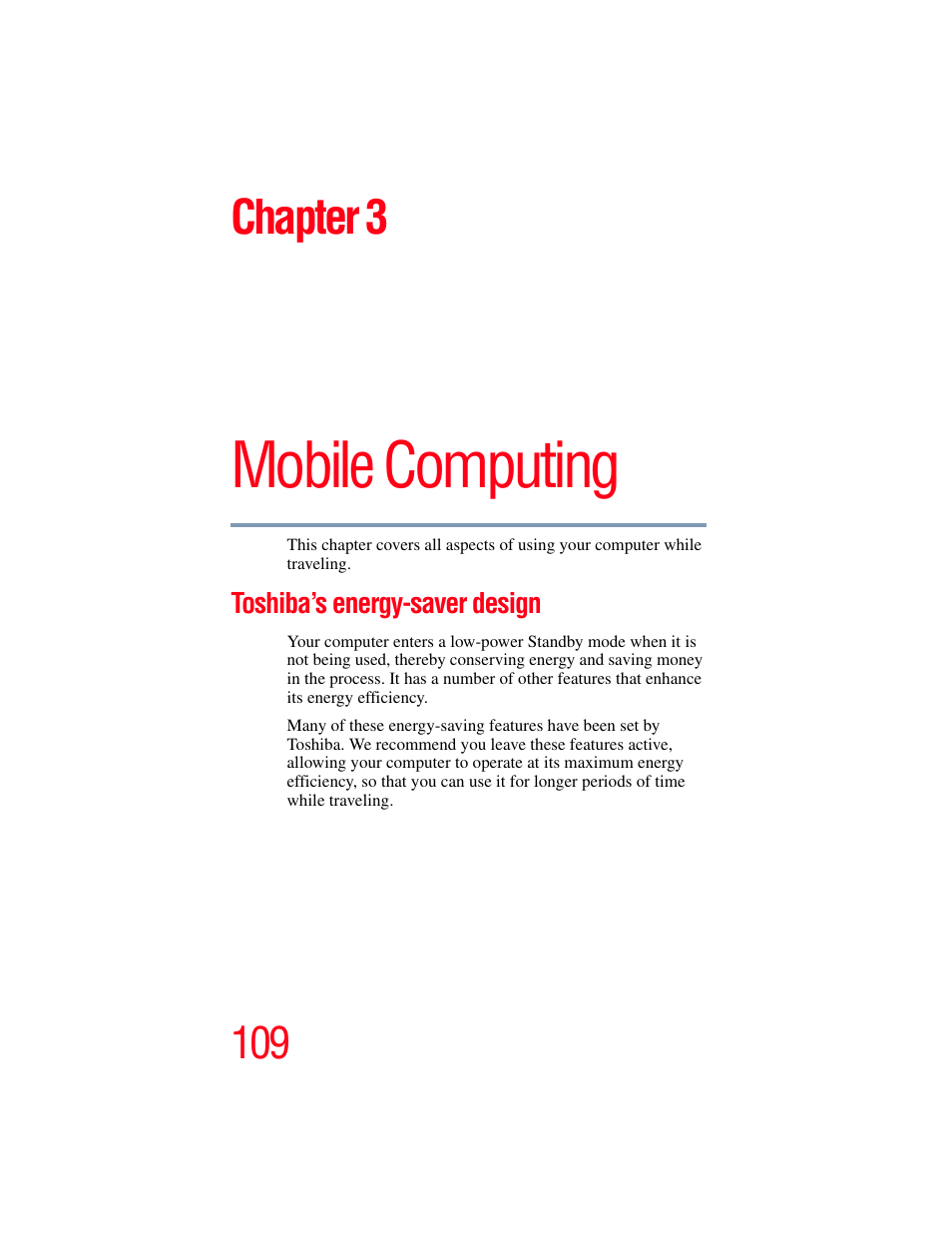 Chapter 3: mobile computing, Toshiba’s energy-saver design, Mobile computing | Chapter 3 | Toshiba F25Series User Manual | Page 109 / 345