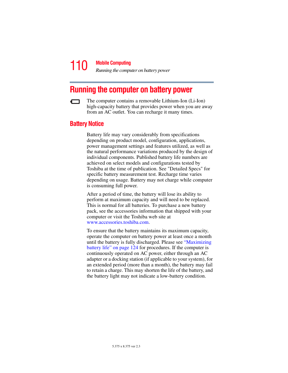 Running the computer on battery power, Battery notice | Toshiba F25Series User Manual | Page 110 / 345