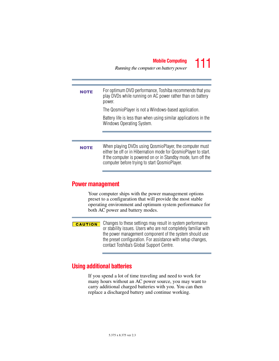 Power management, Using additional batteries | Toshiba F25Series User Manual | Page 111 / 345