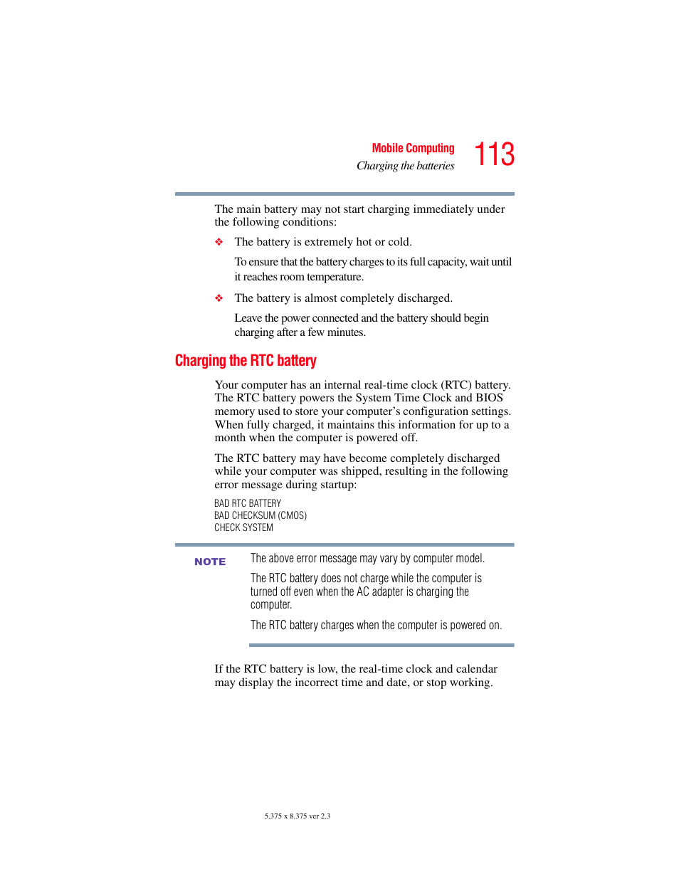 Charging the rtc battery | Toshiba F25Series User Manual | Page 113 / 345