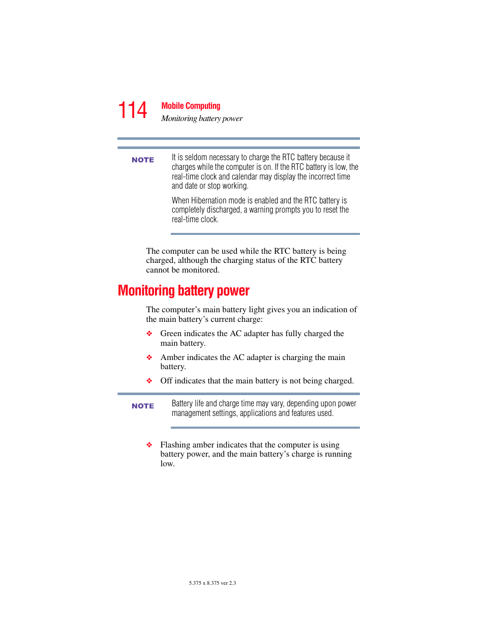 Monitoring battery power | Toshiba F25Series User Manual | Page 114 / 345