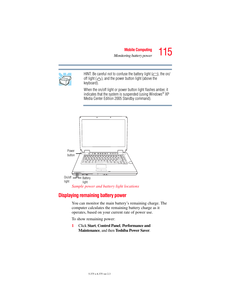 Displaying remaining battery power | Toshiba F25Series User Manual | Page 115 / 345