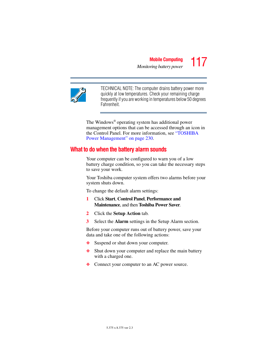 What to do when the battery alarm sounds | Toshiba F25Series User Manual | Page 117 / 345