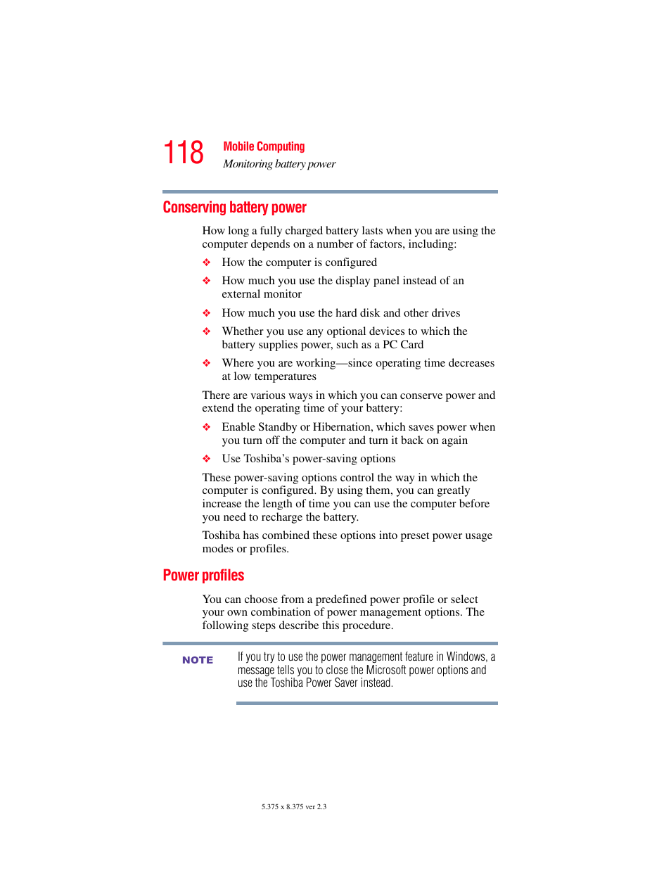 Conserving battery power, Power profiles, Conserving battery power power profiles | Conserving | Toshiba F25Series User Manual | Page 118 / 345