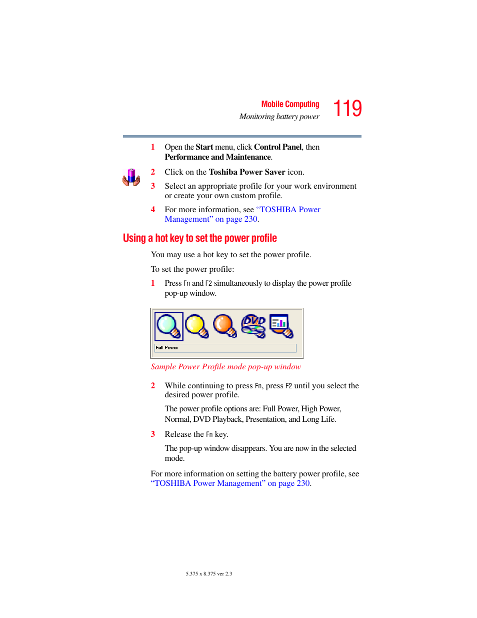 Using a hot key to set the power profile | Toshiba F25Series User Manual | Page 119 / 345