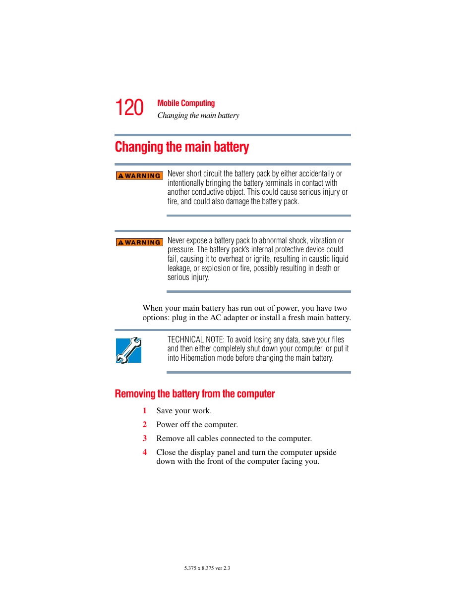 Changing the main battery, Removing the battery from the computer | Toshiba F25Series User Manual | Page 120 / 345