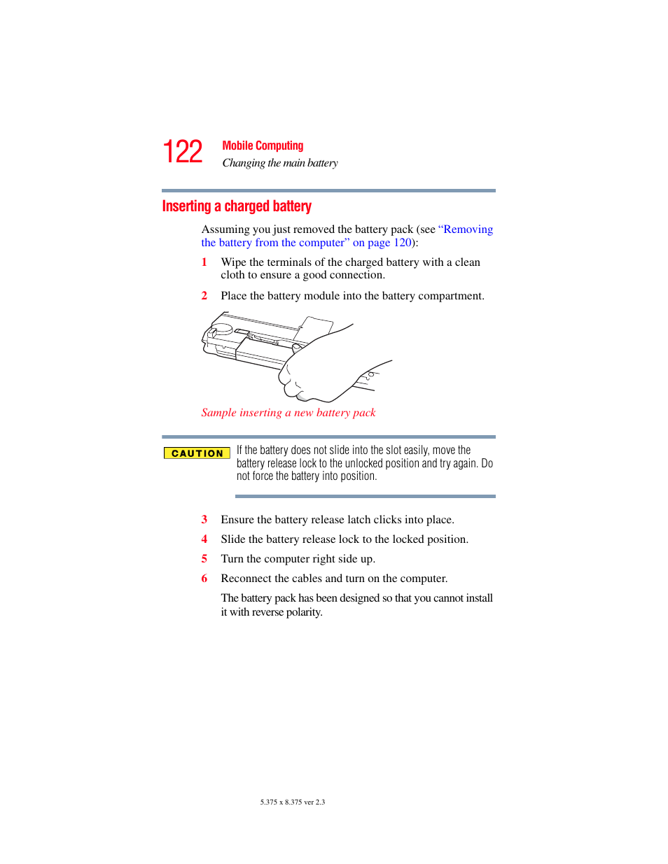 Inserting a charged battery | Toshiba F25Series User Manual | Page 122 / 345