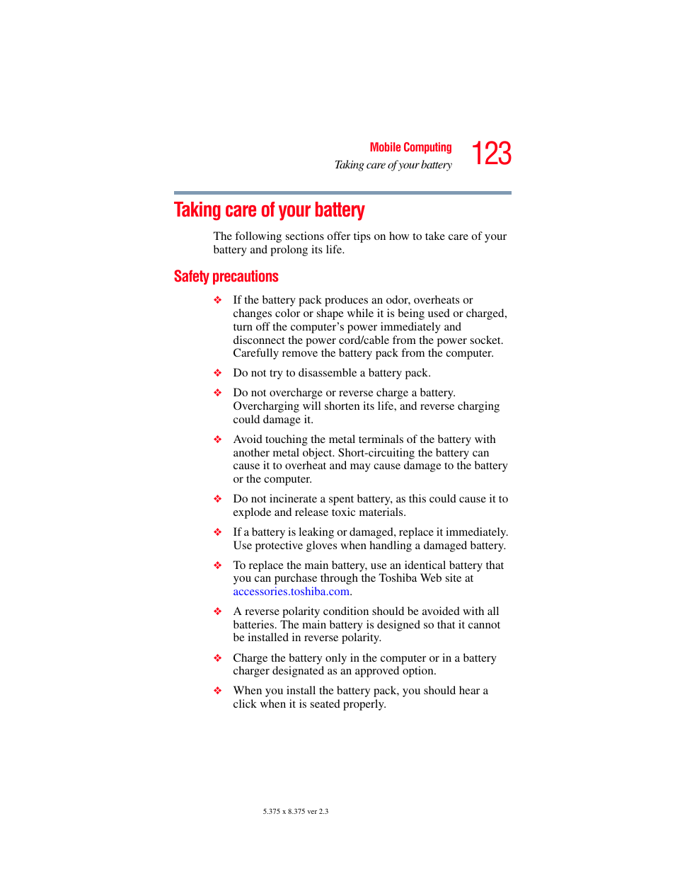 Taking care of your battery, Safety precautions, Taking care of your battery” on | Toshiba F25Series User Manual | Page 123 / 345