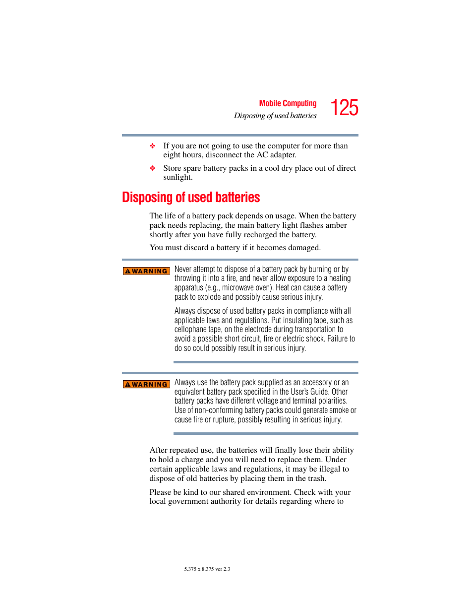 Disposing of used batteries | Toshiba F25Series User Manual | Page 125 / 345