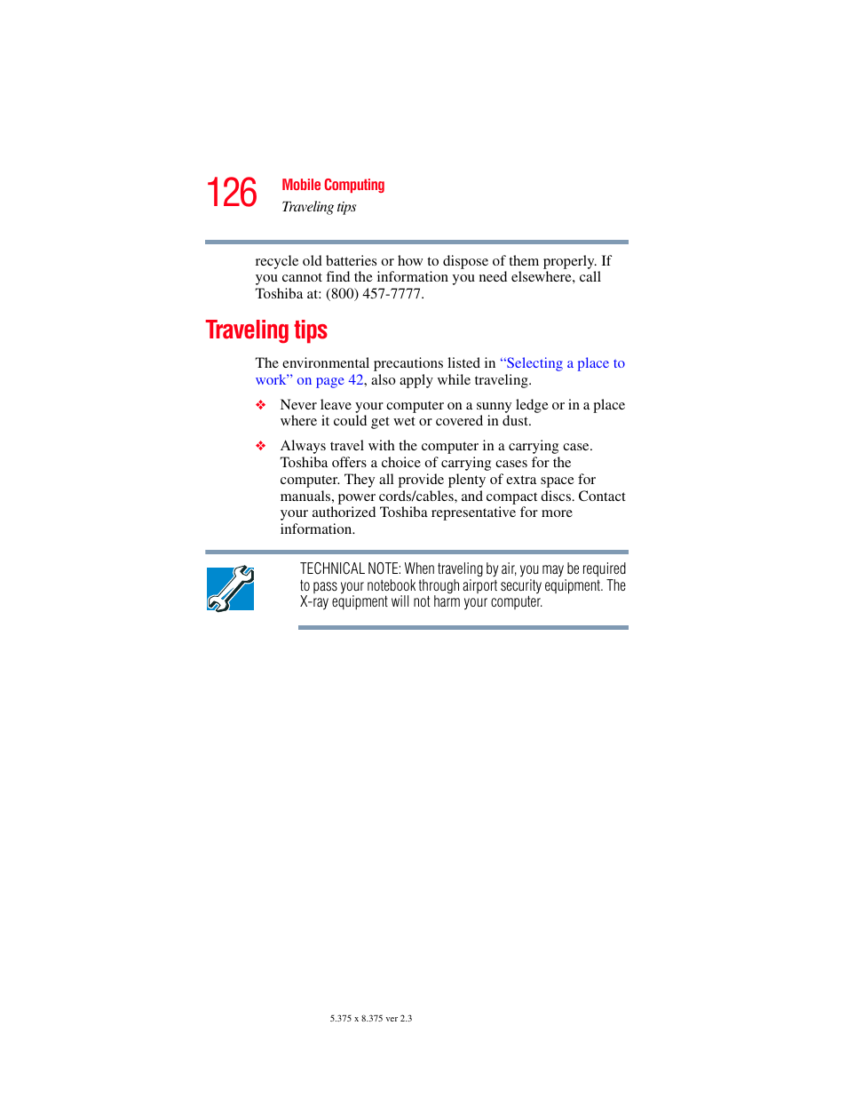 Traveling tips | Toshiba F25Series User Manual | Page 126 / 345